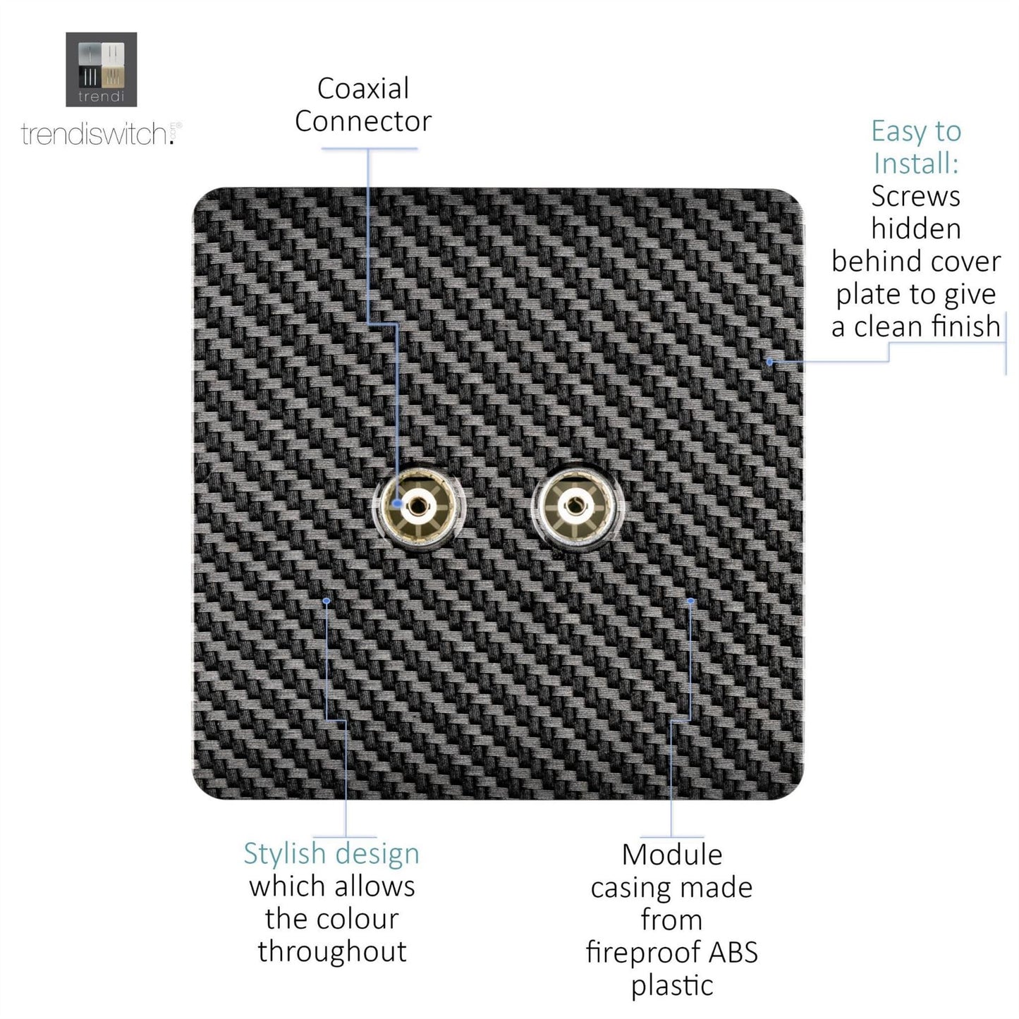 Trendi Switch 2 Gang Female Co-Axial Modern Designer Television Socket in Carbon Fibre