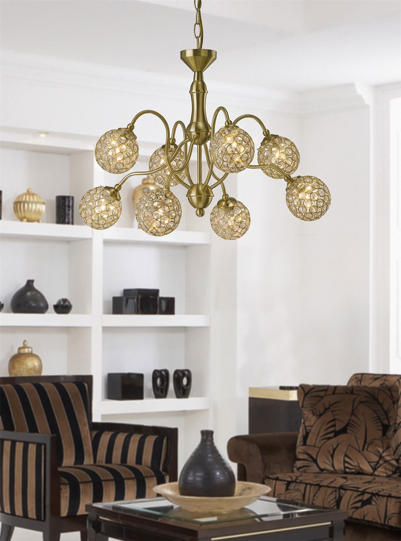 Diyas Apollo  8 Light G9 Satin Brass/Crystal Ceiling Pendant Light Fitting