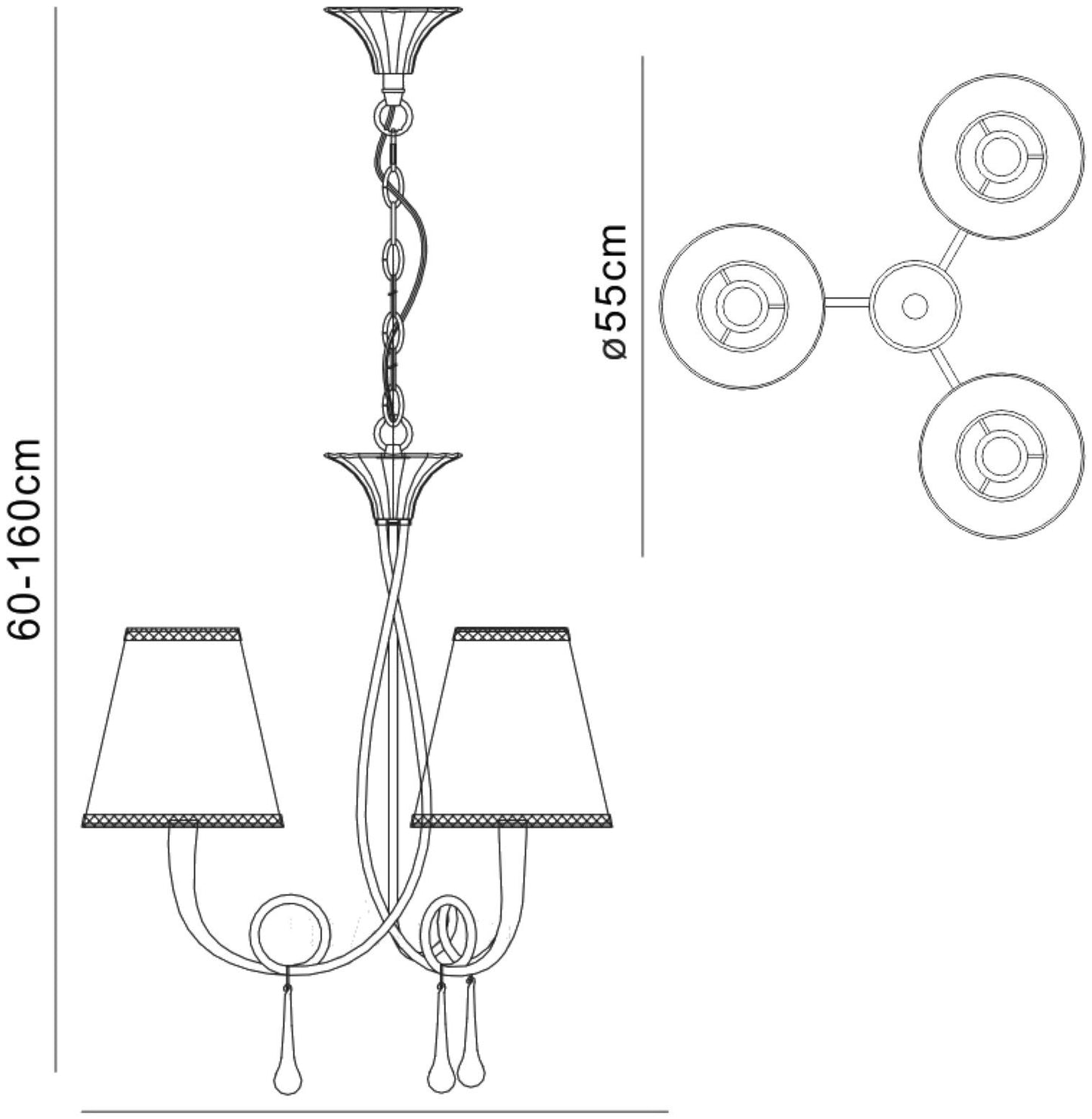 Mantra M0532 Paola Pendant 3 Light E14, Silver Painted with Black Shades & Black Glass Droplets