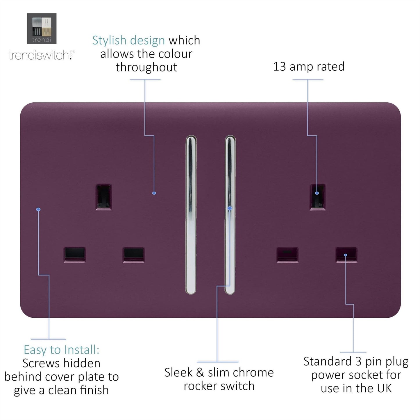Trendi 2 Gang Raised Artistic Modern Glossy Screwless 13 Amp Single Pole with Chrome Switched UK Standard Electrical Double Wall Plug Socket in Plum Purple - ART-SKT213LPL