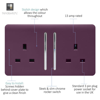 Trendi 2 Gang Raised Artistic Modern Glossy Screwless 13 Amp Single Pole with Chrome Switched UK Standard Electrical Double Wall Plug Socket in Plum Purple - ART-SKT213LPL