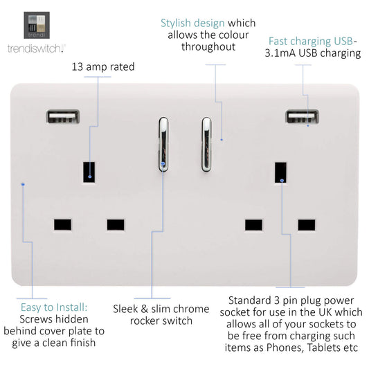 Trendi 2 Gang 13 Amp 2 x 3.1mA Type A USB Switched Plug Socket in Matt White - ART-SKT213USB31AAMWH