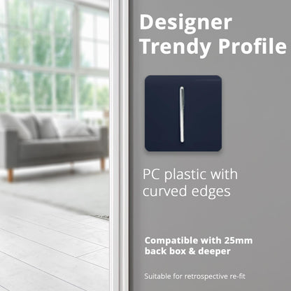 Trendi 1 Gang 2 Way 240V Screwless Artistic Modern Glossy 10 Amp Chrome Rocker Electrical Wall Light Switch in Navy Blue (2 pack)