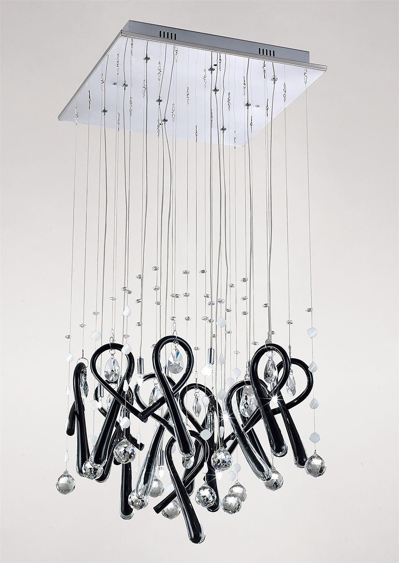 Diyas Class  Square 10 Light G4 Polished Chrome/Black Glass/Crystal, NOT LED/CFL Compatible Ceiling Pendant Light Fitting