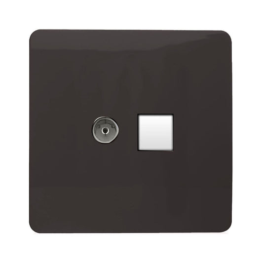 Trendi Switch 2 Gang TV Co-Axial & RJ45 Cat 6 Modern Designer PC Ethernet Sockets in Dark Brown