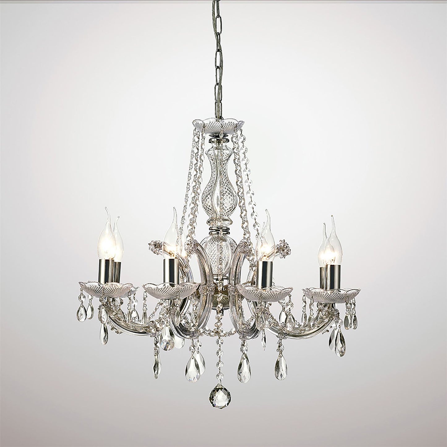 Deco Gabrielle Chandelier with Acrylic Sconce & Glass Crystal Droplets 8 Light E14 Polished Chrome Finish