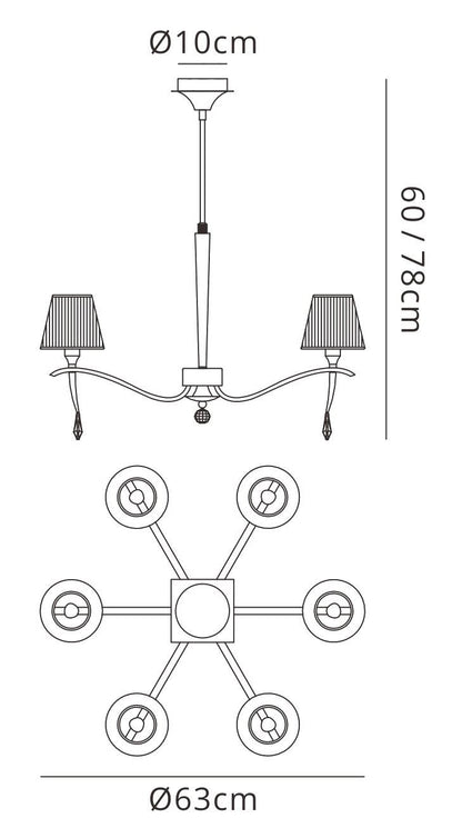Mantra Siena 63cm Pendant Round 6 Light E14, Polished Brass with Amber Cream Shades and Clear Crystal