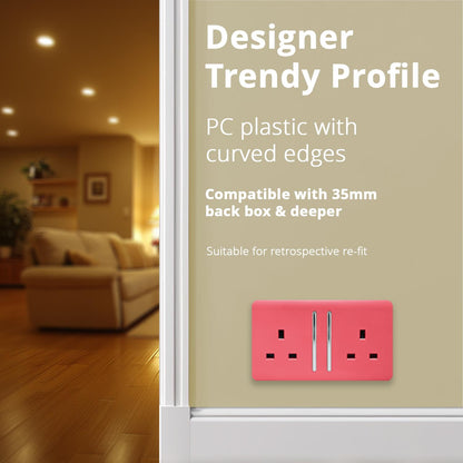 Trendi 2 Gang Artistic Modern Glossy 13 Amp Switched Plug Socket Strawberry (7 Pack)