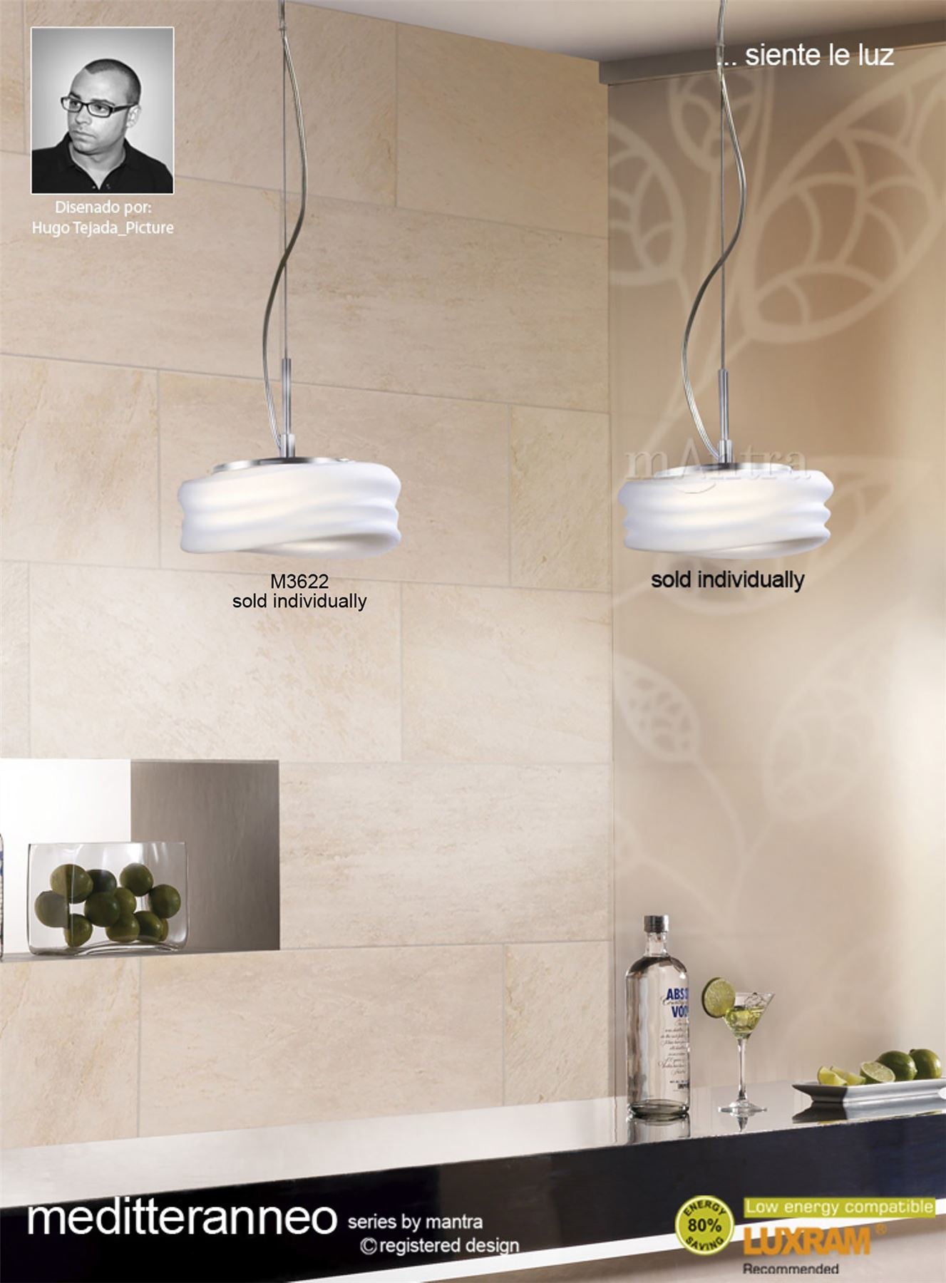 Mantra M3622 Mediterraneo Pendant 2 Light GU10 Small, Polished Chrome/Frosted White Glass