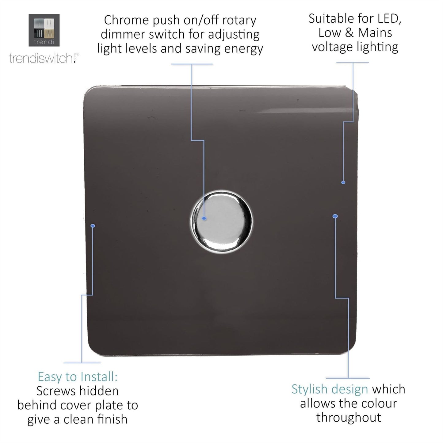 Trendi 1 Gang 2 Way 240V 100w LED Dimmer Screwless Raised Front Plate Plastic Artistic Modern Glossy 10 Amp Chrome Single Electrical Wall Light Switch in Mocha Brown - ART-LDMDB