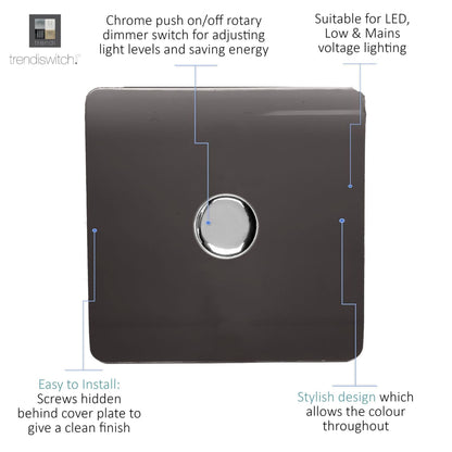 Trendi 1 Gang 2 Way 240V 100w LED Dimmer Screwless Raised Front Plate Plastic Artistic Modern Glossy 10 Amp Chrome Single Electrical Wall Light Switch in Mocha Brown - ART-LDMDB