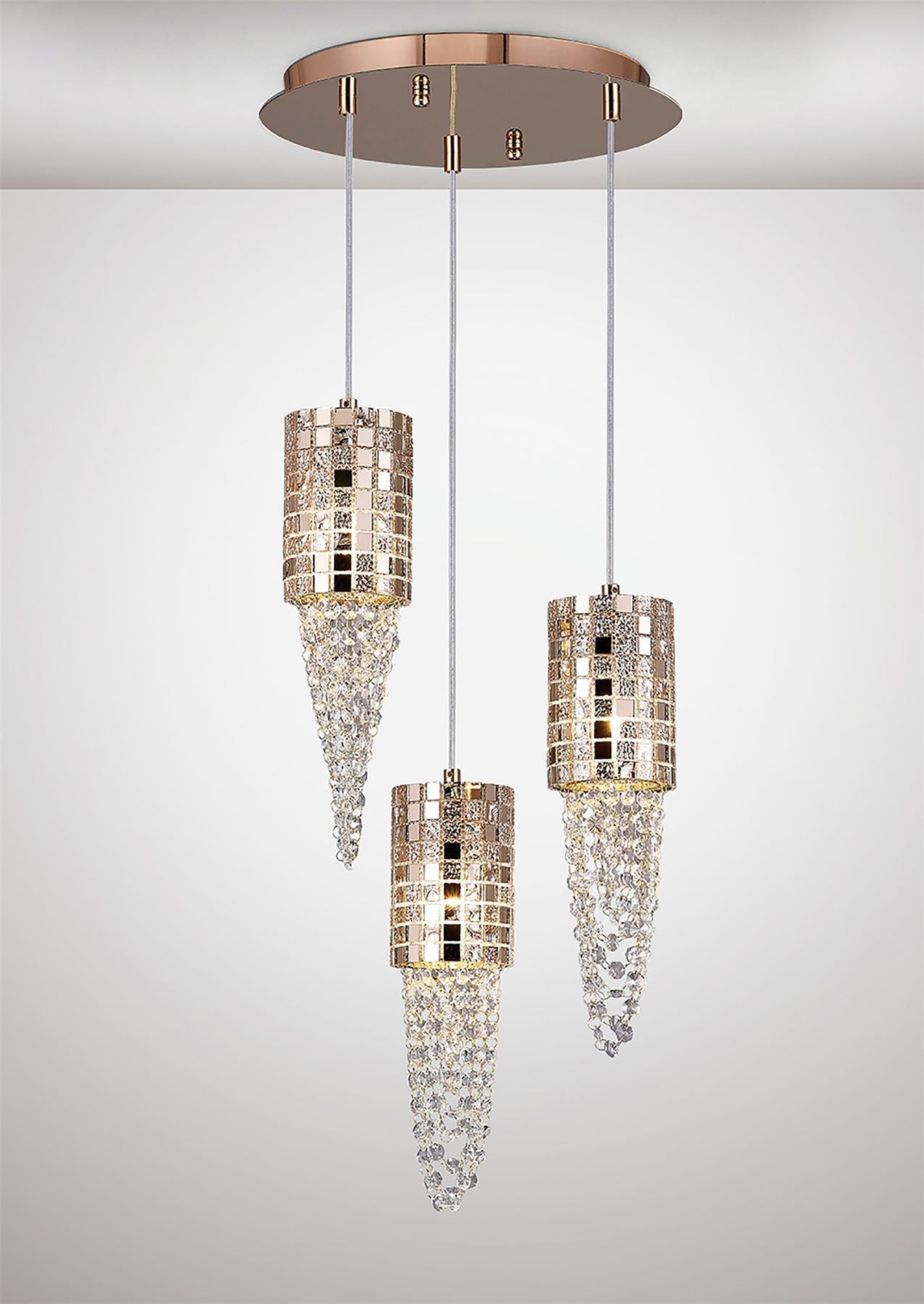 Diyas Camden 35cm  3 Light G9 Round Rose Gold/Mosaic Glass/Crystal Ceiling Pendant Light Fitting