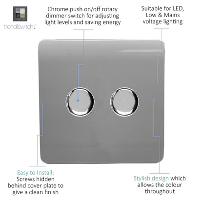 Trendi 2 Gang 2 Way 240V 100w LED Dimmer Screwless Raised Front Plate Plastic Artistic Modern Glossy 10 Amp Chrome Single Electrical Wall Light Switch in Light Grey - ART-2LDMLG