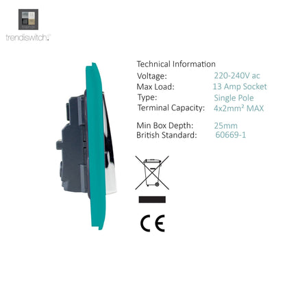 Trendi 2 Gang Raised Artistic Modern Glossy Screwless 13 Amp Single Pole with Chrome Switched UK Standard Electrical Double Wall Plug Socket in Bright Teal - ART-SKT213LBT