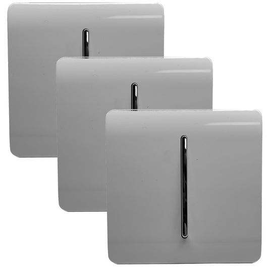 Trendi 1 Gang 2 Way 240V Screwless Artistic Modern Glossy 10 Amp Chrome Rocker Electrical Wall Light Switch in Light Grey (3 pack)