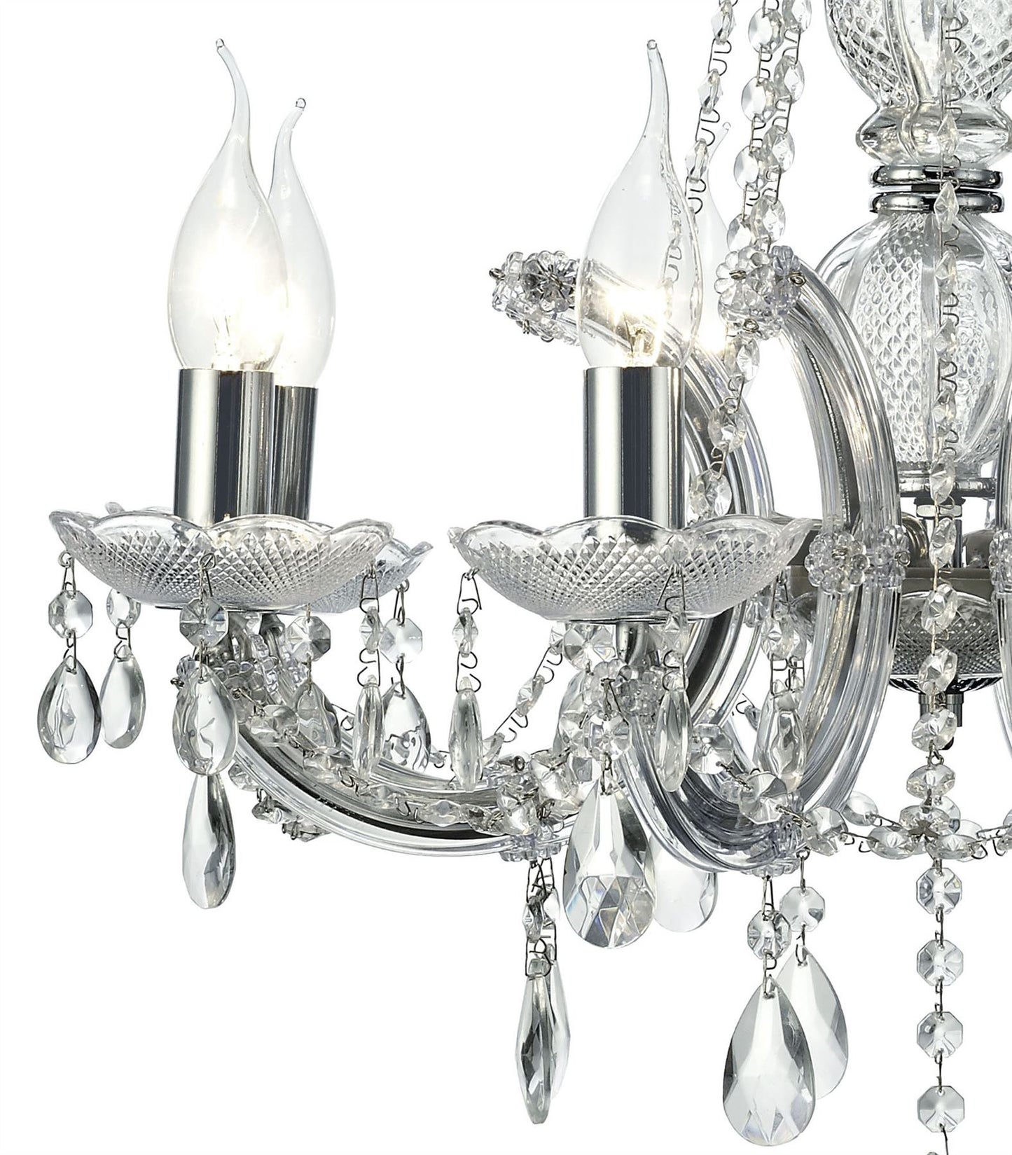 Deco Gabrielle Chandelier with Acrylic Sconce & Glass Crystal Droplets 8 Light E14 Polished Chrome Finish