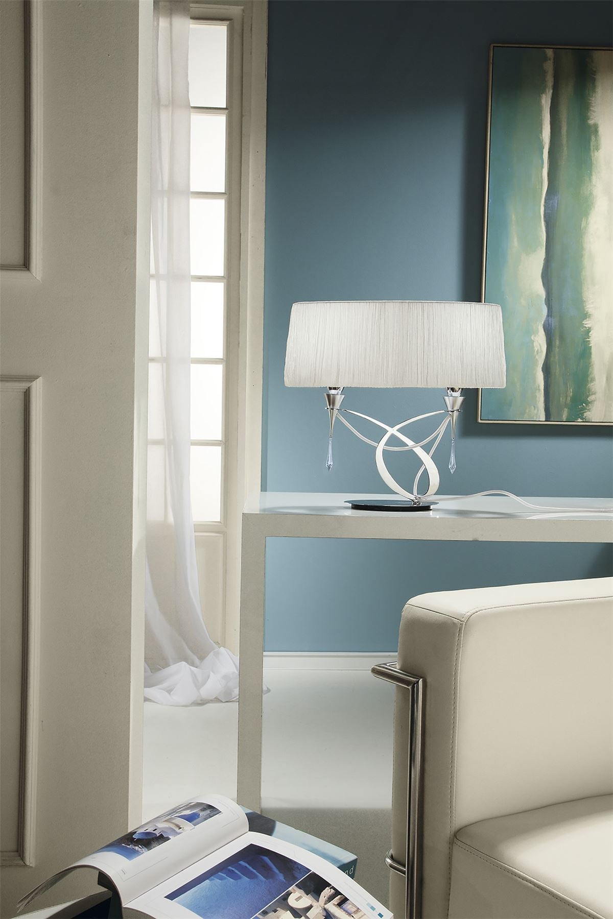 Mantra Lucca Crystal Table Lamp 2 Light E27 Small, Polished Chrome with White Shade & Clear Crystal