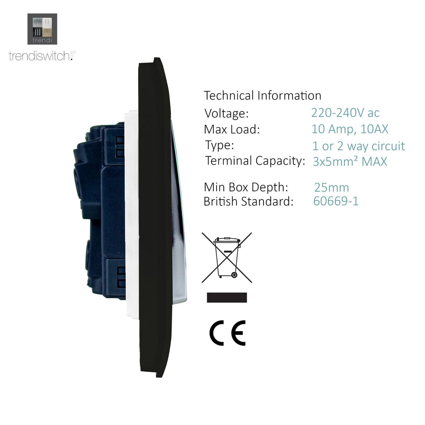 Trendi  6 Gang 2 Way Rocker Double Plate Light Switch in Matt Black