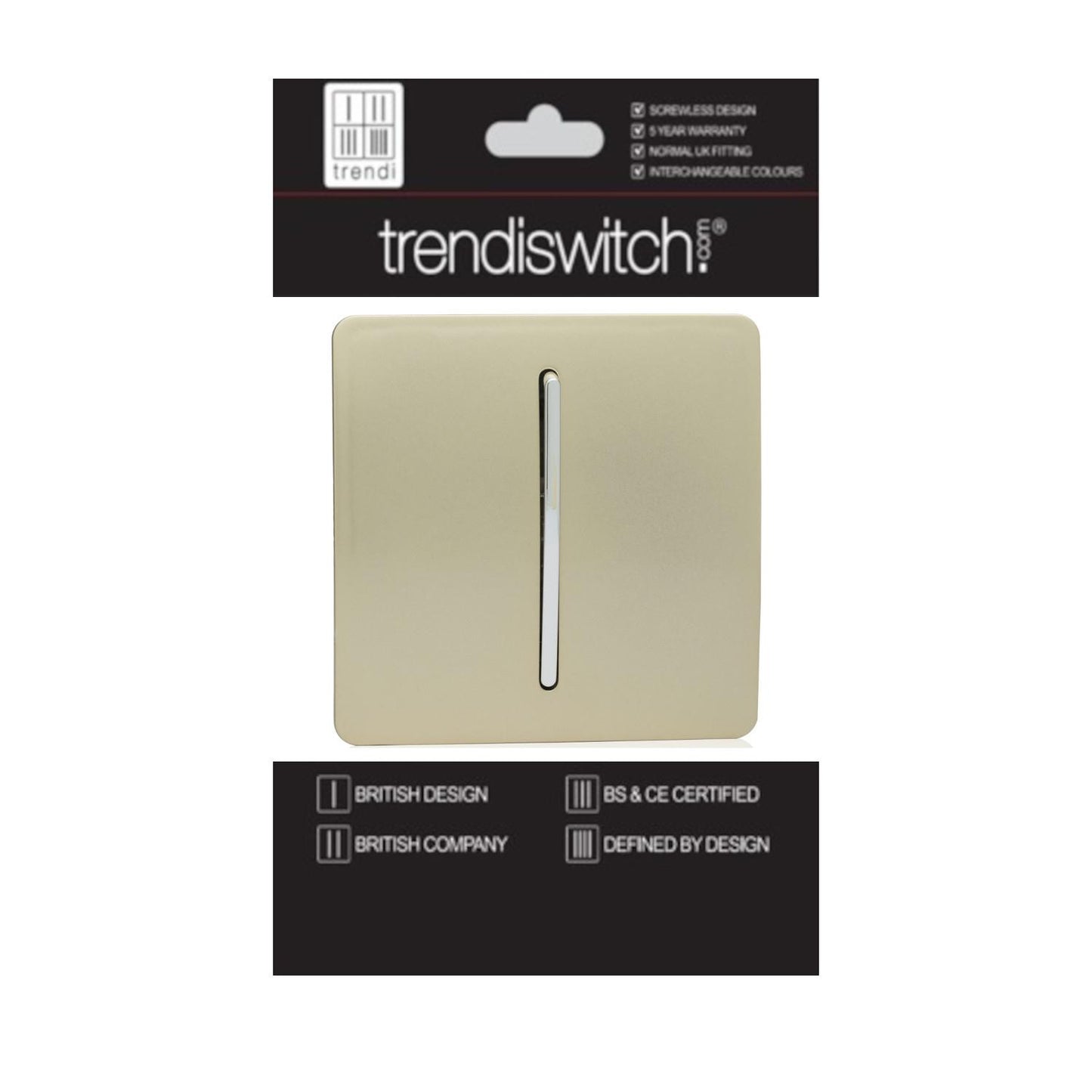 Trendi 1 Gang 2 Way 240V Screwless Artistic Modern Glossy 10 Amp Chrome Rocker Electrical Wall Light Switch in Champagne Gold (5 pack)