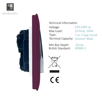 Trendi 1 Gang 2 Way 240V Screwless Artistic Modern Glossy 10 Amp Chrome Rocker Electrical Wall Light Switch in Plum Purple (3 pack)