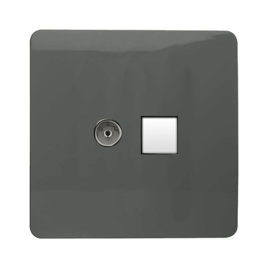 Trendi Artistic Modern Glossy Tactile TV Co-axial Socket + Telephone Socket Charcoal