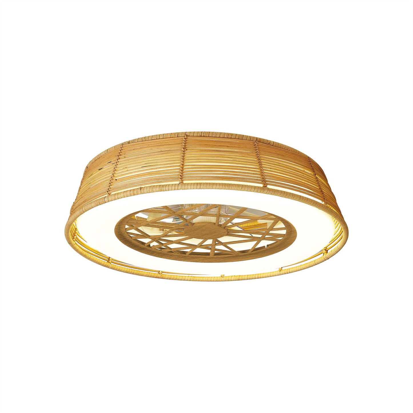 Indonesia Mini 56cm 55W LED Dimmable Ceiling Light With Built-In 25W DC Reversible Fan, Beige Rattan, 3800lm, 5yrs Warranty