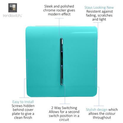 Trendi 1 Gang 2 Way 240V Screwless Artistic Modern Glossy 10 Amp Chrome Rocker Electrical Wall Light Switch in Bright Teal (3 pack)