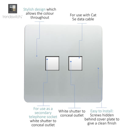 Trendi  Telephone Socket + RJ45 Cat 5e & Cat 6 PC Socket Silver ART-TLP+PCSI