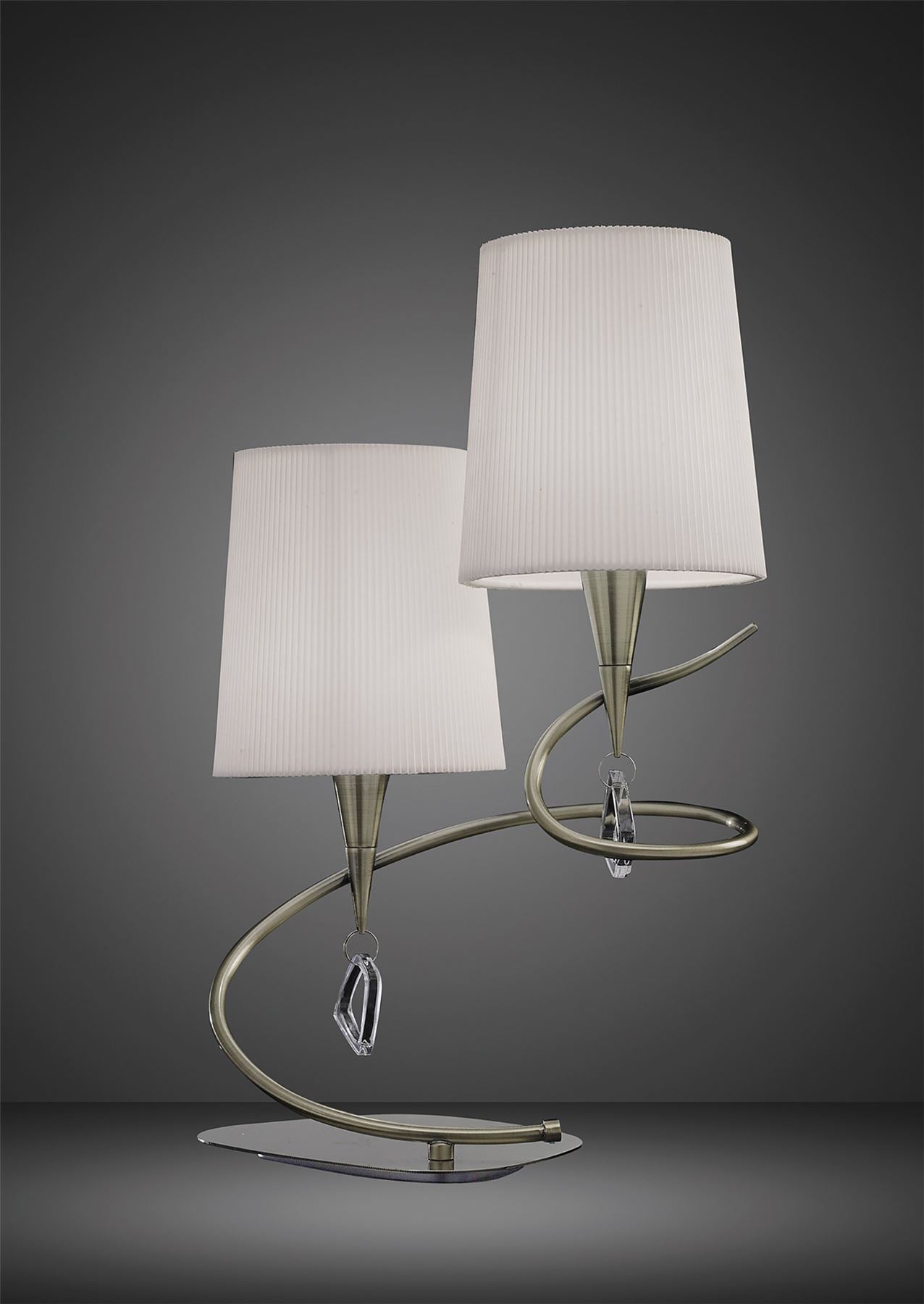 Mantra Mara Table Lamp 2 Light E14, Antique Brass with Ivory White Shades