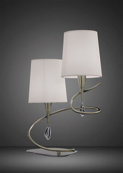 Mantra Mara Table Lamp 2 Light E14, Antique Brass with Ivory White Shades