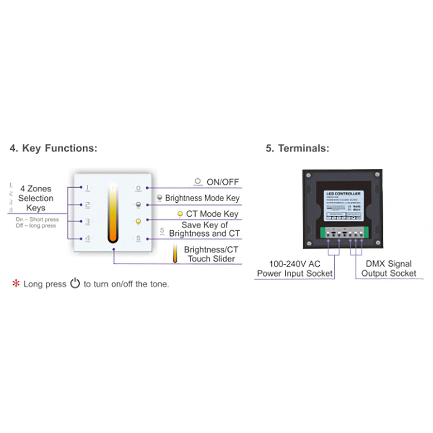 LTECH DMX/RF RF 2.4GHz + DMX 512, CT Controller Touch Panel, 4 Zone Control, Use with R4-5A/R4-CC Reciever, 100-240V~50/60Hz, 30m Range, IP44, 5yrs Warranty Controllers