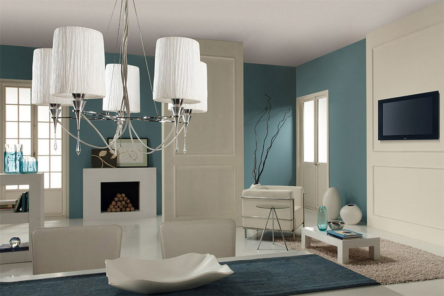 Mantra Lucca 70cm Pendant 5 Light E27, Polished Chrome with White Shades & Clear Crystal