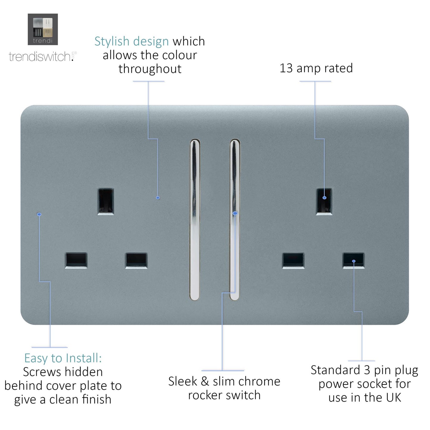 Trendi 2 Gang Artistic Modern Glossy 13 Amp Switched Tactile Plug Socket Cool Grey (5 Pack)
