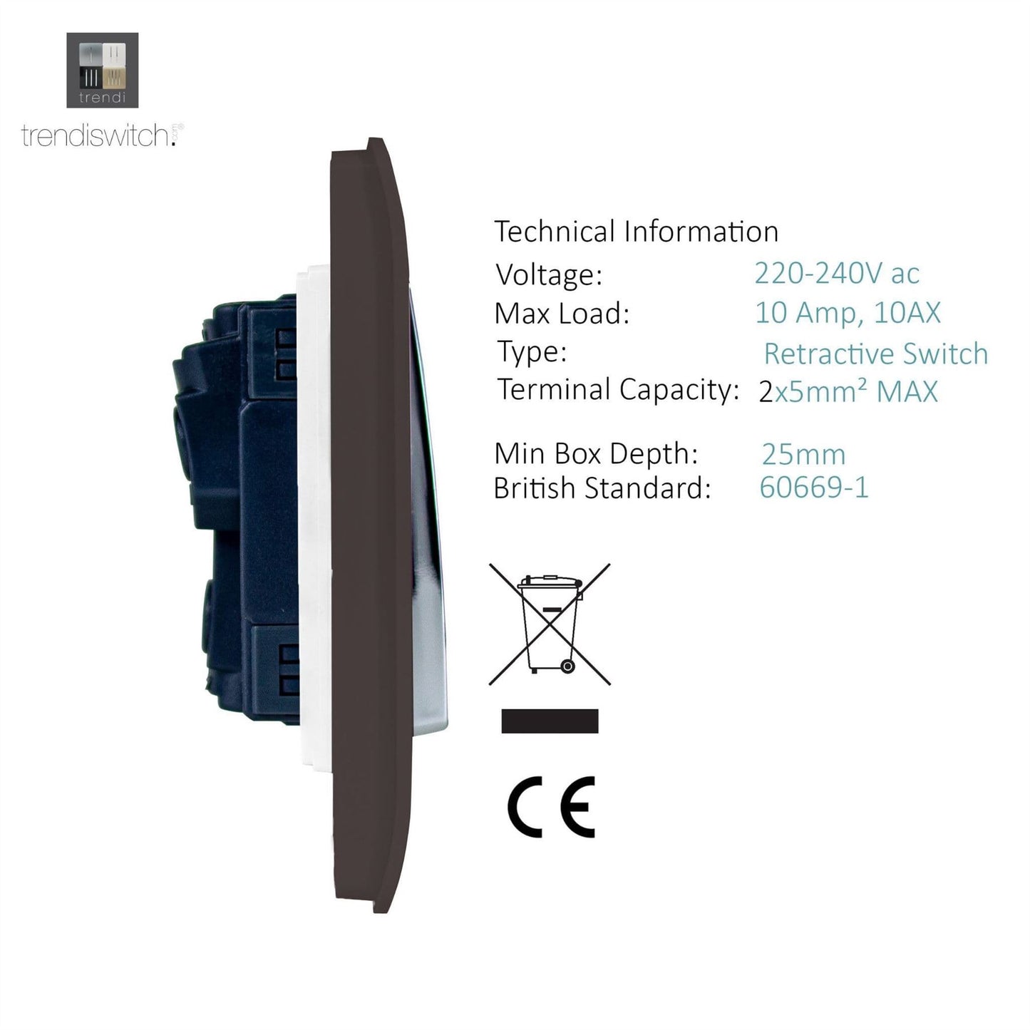 Trendi Artistic Modern Glossy Tactile Auto Retractive Door Bell Switch Dark Brown