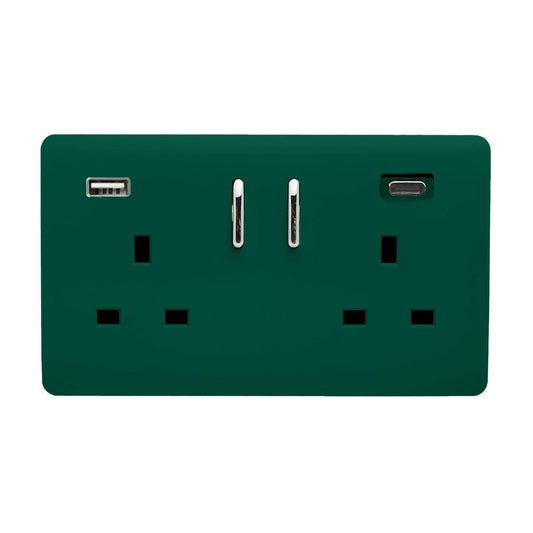 Trendi 2 Gang Artistic Modern Glossy 13 Amp 2 x Type A & C 3100 mA USB Switched Plug Socket Dark Forest Green