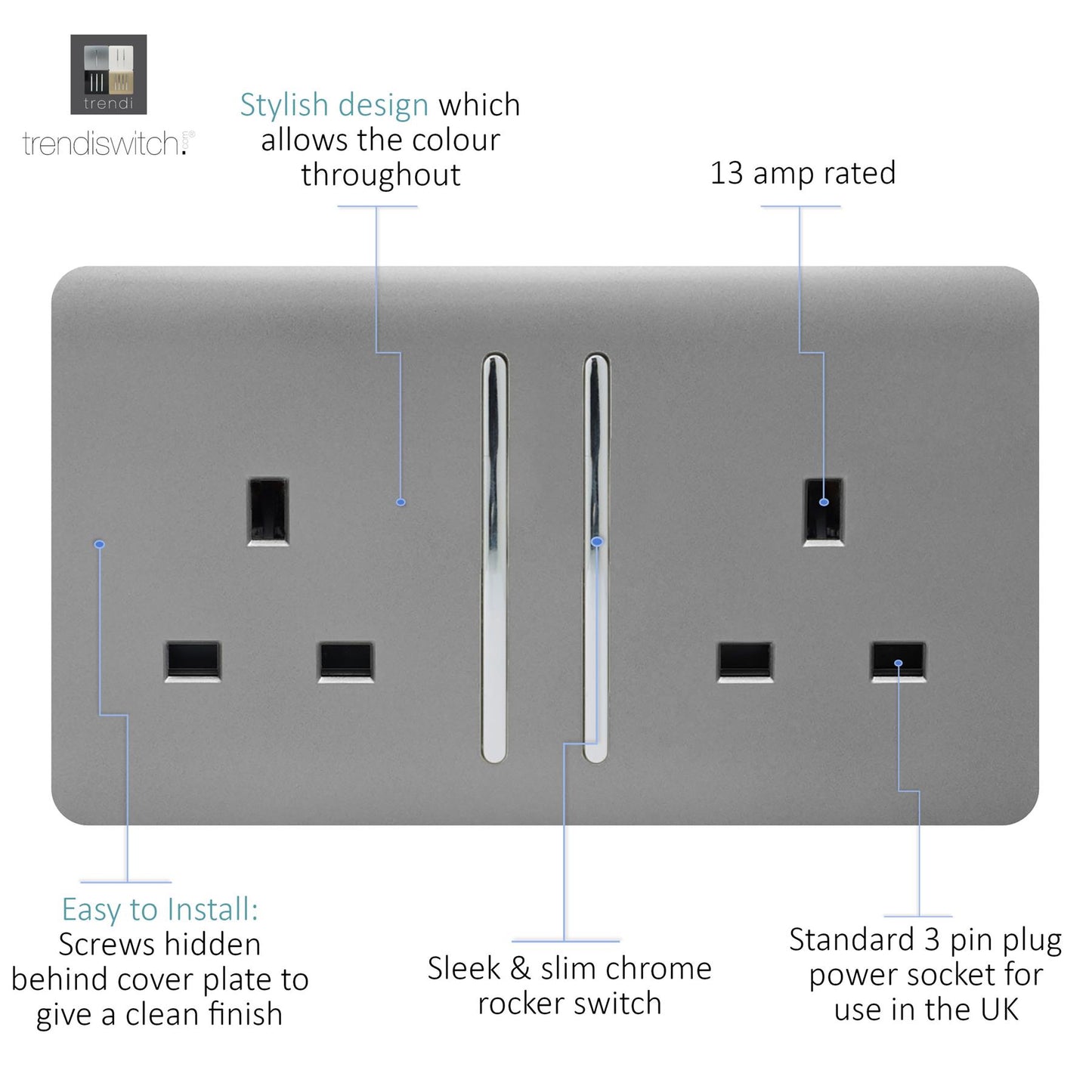 Trendi 2 Gang Artistic Modern Glossy 13 Amp Switched Tactile Plug Socket Light Grey (7 Pack)