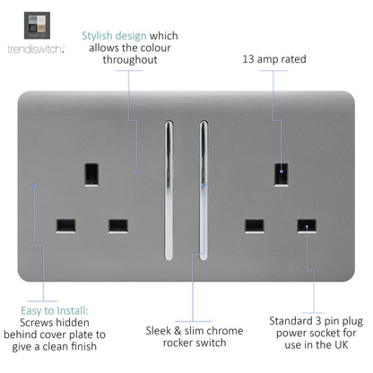 Trendi 2 Gang Artistic Modern Glossy 13 Amp Switched Tactile Plug Socket Light Grey (7 Pack)