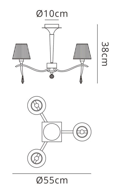 Mantra Siena 53cm Semi Flush Round 3 Light E14, Polished Brass with Amber Cream Shades and Clear Crystal