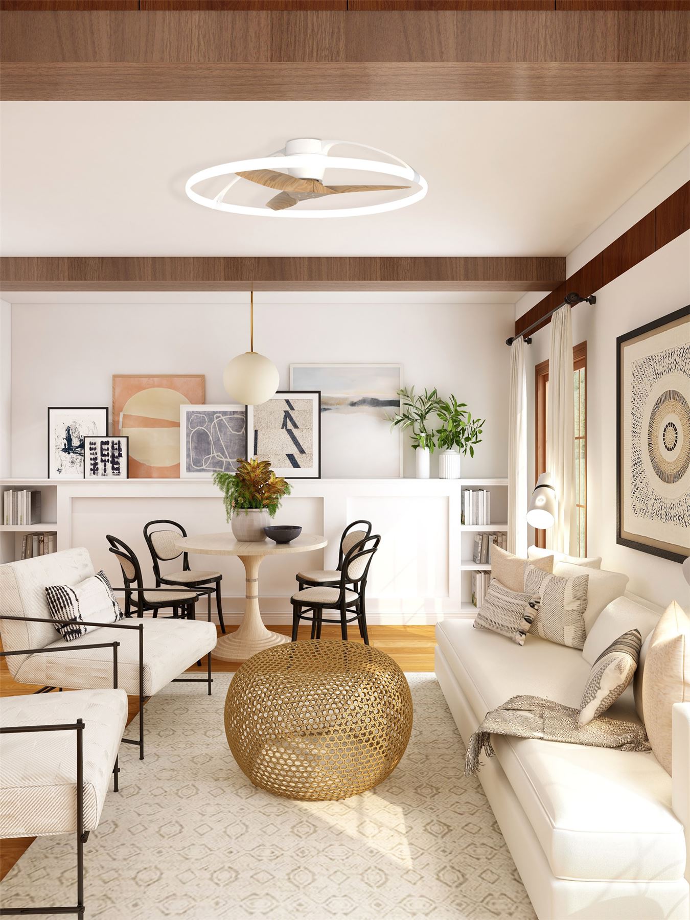 Nepal 105cm 75W LED Dimmable Ceiling Light With Built-In 35W DC Reversible Fan, White/Wood Finish c/w Remote, APP & Alexa/Google Voice Control, 7200lm
