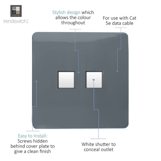 Trendi Artistic Modern Glossy 2 Gang Tactile RJ45 Cat 5e&Cat 6 PC Ethernet Socket Warm Grey