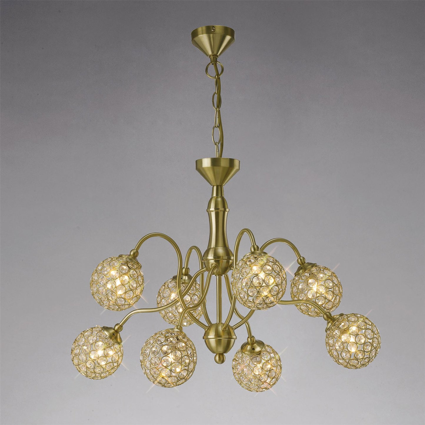 Diyas Apollo  8 Light G9 Satin Brass/Crystal Ceiling Pendant Light Fitting