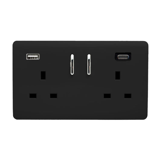 Piano Black Screwless 2 Gang Switched Double Socket 13A With 1 x USB-A & 1 x USB-C 65W (Shared), (35mm Back Box Req.), 10yrs Warranty