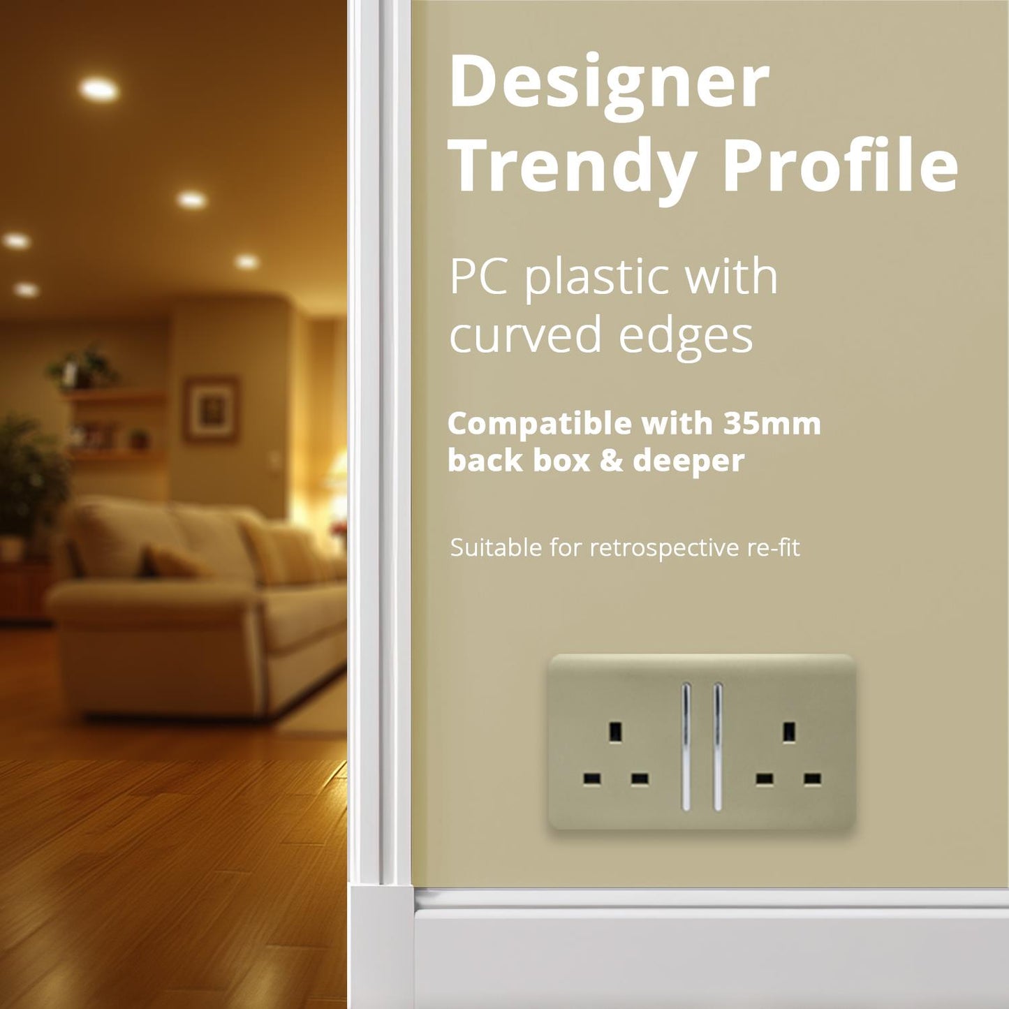 Trendi 2 Gang Artistic Modern Glossy 13 Amp Switched Plug Socket Champagne Gold (7 Pack)