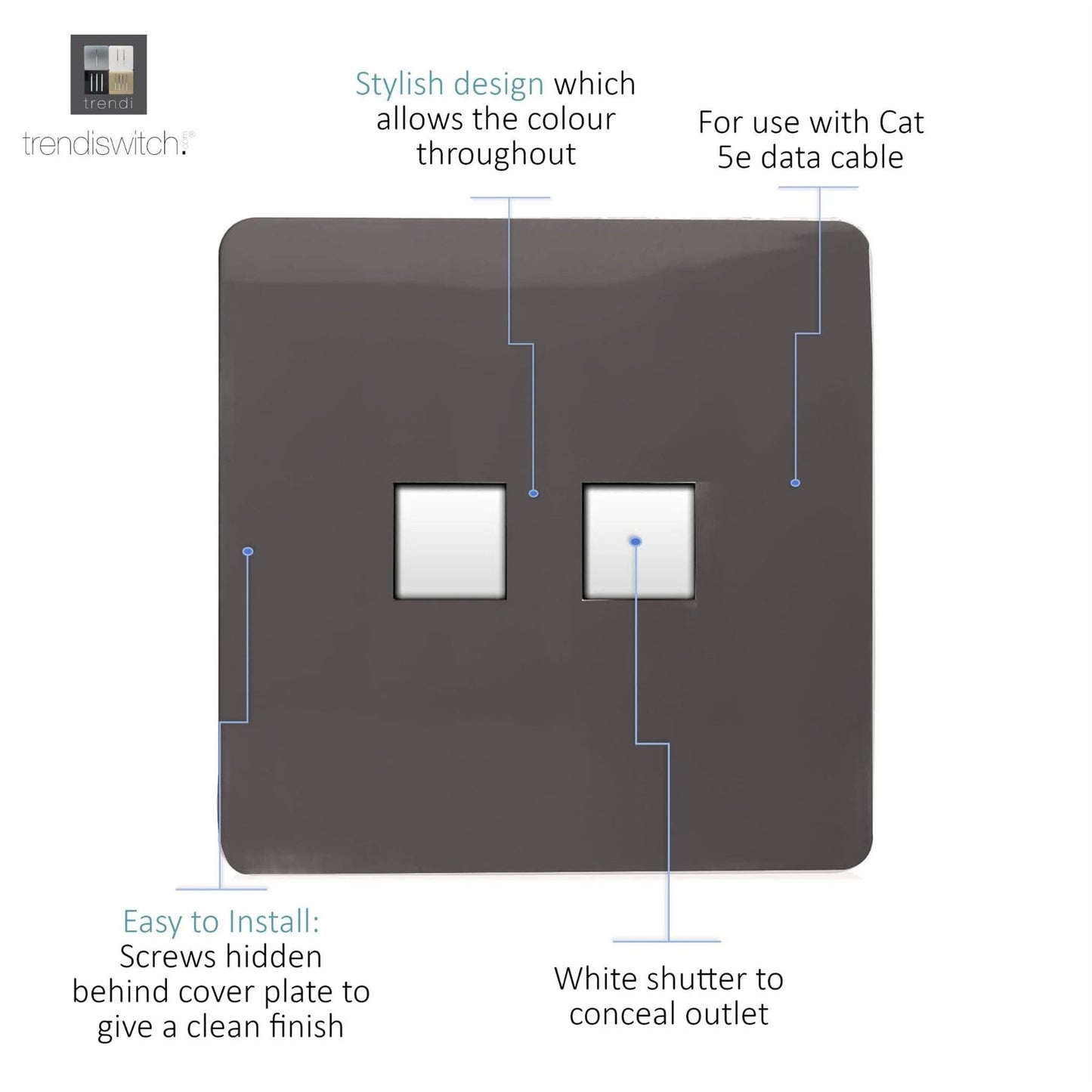 Trendi Artistic Modern Glossy 2 Gang Tactile RJ45 Cat 5e&Cat 6 PC Ethernet Socket Dark Brown