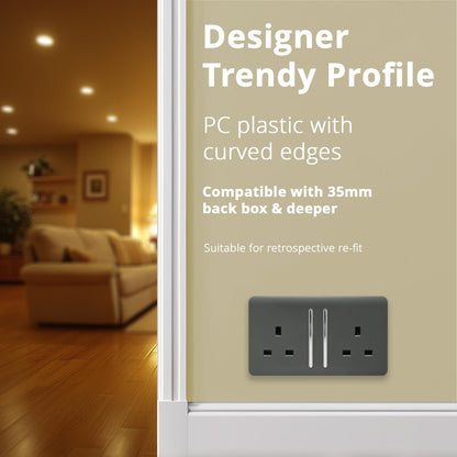 Trendi 2 Gang Artistic Modern Glossy 13 Amp Switched Tactile Plug Socket Charcoal (7 Pack)