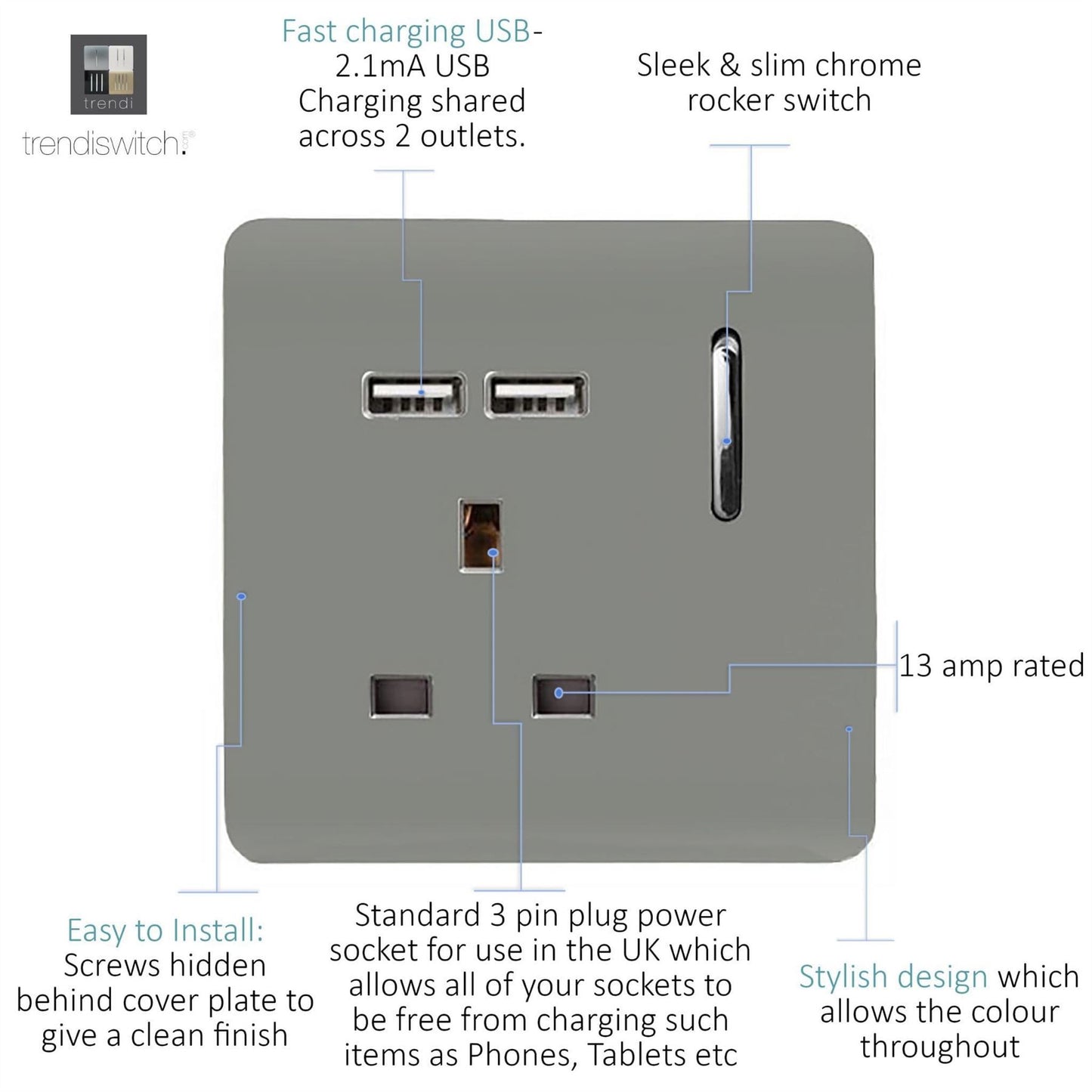 Trendi 1 Gang Artistic Modern Glossy 13 Amp 2x2.1mA USB Switched Tactile Light Grey
