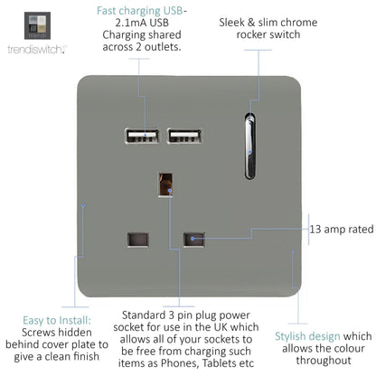 Trendi 1 Gang Artistic Modern Glossy 13 Amp 2x2.1mA USB Switched Tactile Light Grey