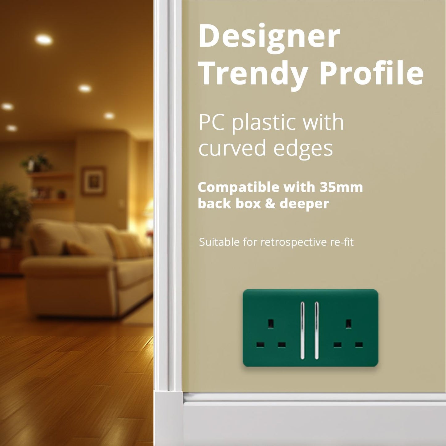 Trendi 2 Gang Artistic Modern Glossy 13 Amp Switched Plug Socket Dark Green (7 Pack)