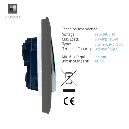 Trendi 1 Gang 2 Way 240V Screwless Artistic Modern Glossy 10 Amp Chrome Rocker Electrical Wall Light Switch in Charcoal Grey (5 pack)