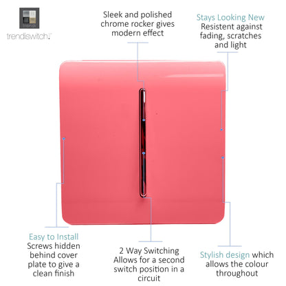 Trendi 1 Gang 2 Way 240V Screwless Artistic Modern Glossy 10 Amp Chrome Rocker Electrical Wall Light Switch in Strawberry Red (5 pack)